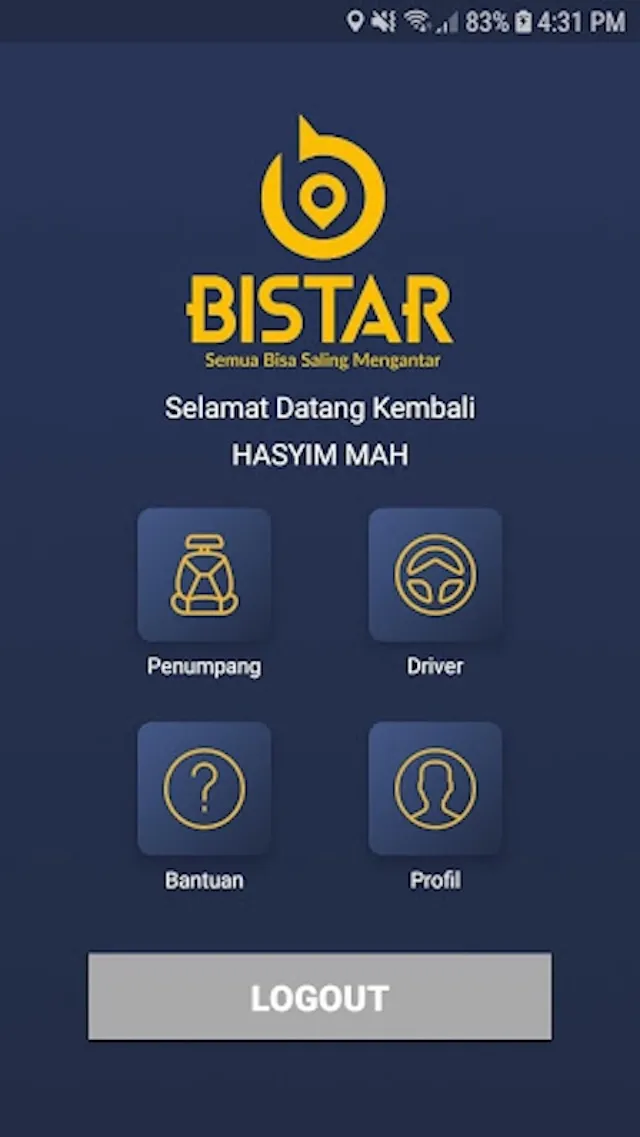 BISTAR — Dashboard pilih peran penumpang/driver