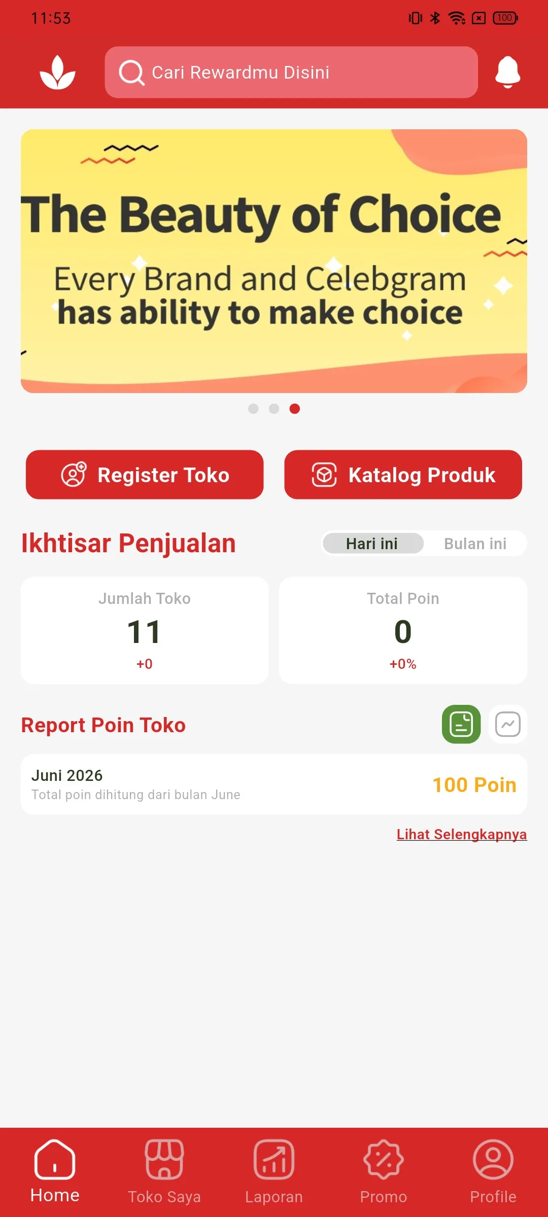 Aplikasi merchant Reward — ikhtisar penjualan & report poin toko