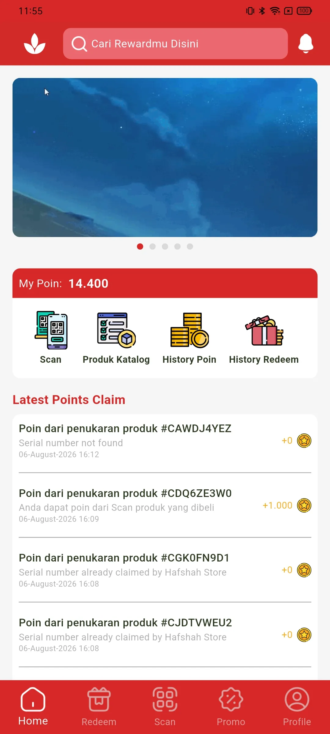 Aplikasi member Reward — Home, poin & riwayat klaim