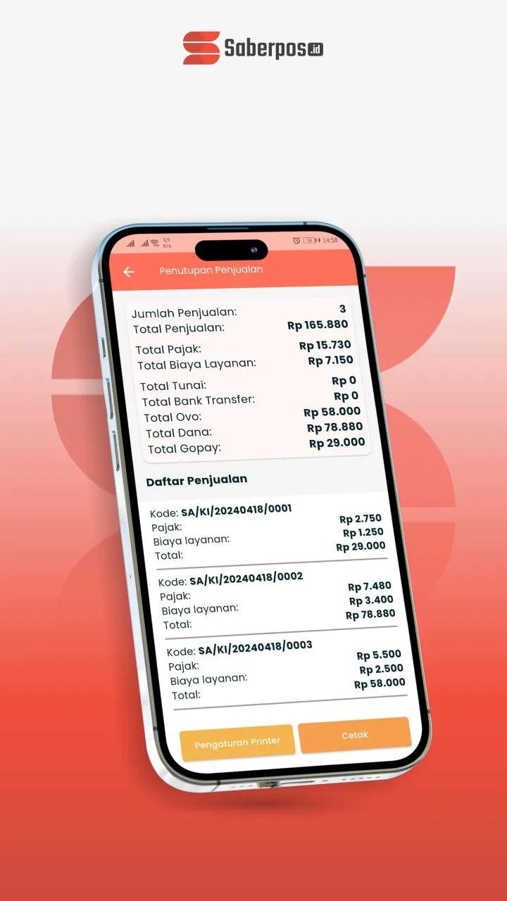 Saberpos — Penutupan penjualan & rekap pembayaran