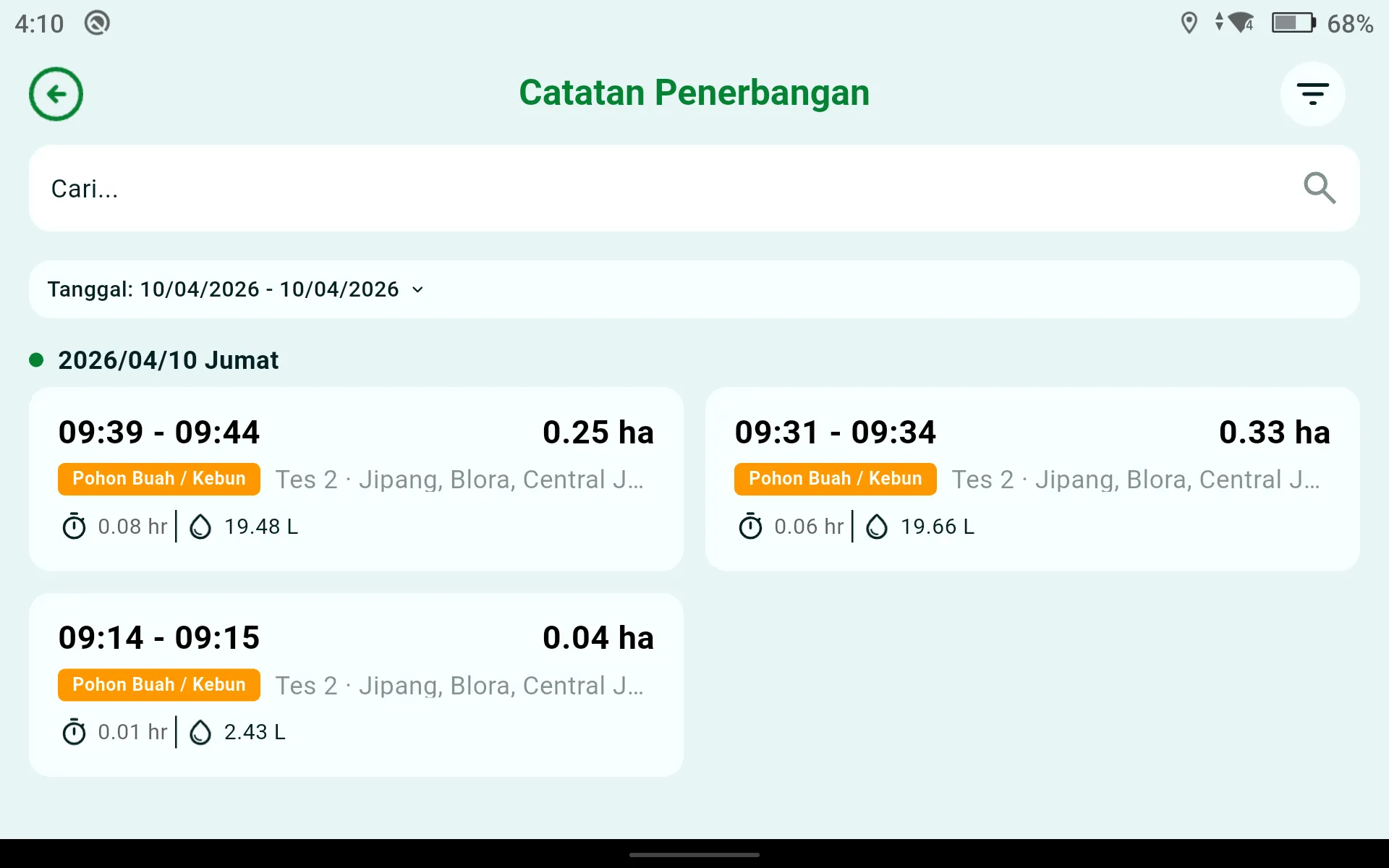 Catatan Penerbangan di aplikasi mobile SmartField